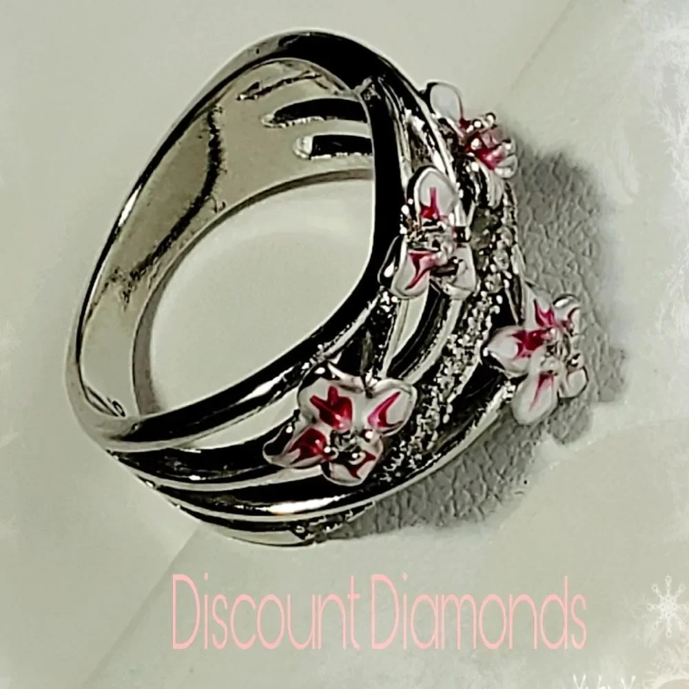 Pink Flower Clear White Diamond Ring on 925 Sterling Silver - Women's